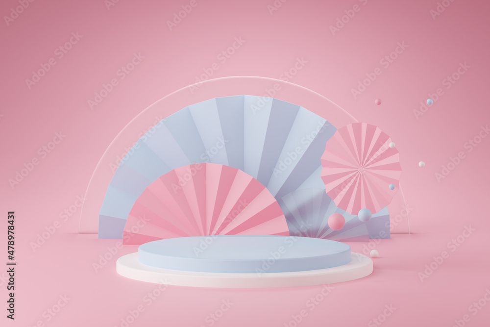 Poster mock up of geometry podium for product presentation on pink background. 3d rendering.
