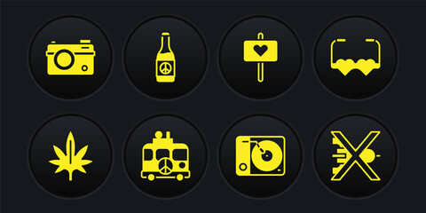 Set Marijuana, Heart shaped love glasses, Hippie camper van, Vinyl player, Peace, Beer bottle, No war and Photo camera icon. Vector