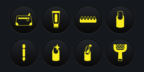 Set Cuticle pusher, Nail manicure, False nails, Tube of hand cream, file and Cosmetic bag icon. Vector