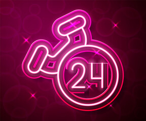 Glowing neon line Telephone 24 hours support icon isolated on red background. All-day customer support call-center. Full time call services. Vector