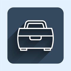 White line Case or box container for wobbler and gear fishing equipment icon isolated with long shadow background. Fishing tackle. Blue square button. Vector