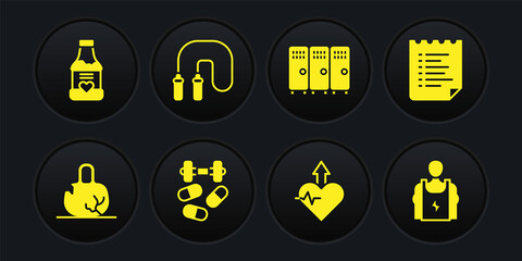 Set Broken weight, Sport training program, Sports doping with dumbbell, Heartbeat increase, Locker changing room, Jump rope, Bodybuilder and Vitamins icon. Vector
