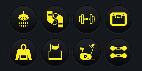 Set Hoodie, Bathroom scales, Sleeveless t-shirt, Stationary bicycle, Dumbbell, Socks, and Shower icon. Vector
