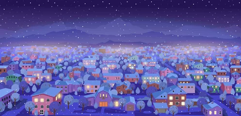 Rollo Vorstadtlandschaft mit Bergen im Winter nachts. Perspektivansicht mit Straßen und Häusern. Cartoon-Vektor-Illustration © NADEZHDA