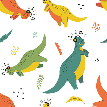 Seamless pattern with funny dinosaurs in hand drawn style. Creative childish texture. Great for fabric, textile. Isolated on white background vector illustration