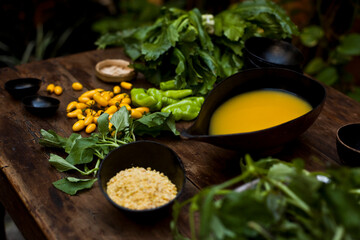 Amazonian cuisine. Green ingredients, manioc soup on a wooden table set.