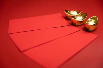 Red envelope with old chinese money on red background. concept of chinese new year celebration.