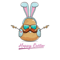 Vector rock star easter potato funny cartoon character with blue easter bunny ears isolated on white background. rock n roll easter party poster or happy easter greeting card