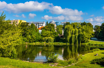 Morskie Oko pond park below Pulawska and Dworkowa street in Mokotow district with Srodmiescie...