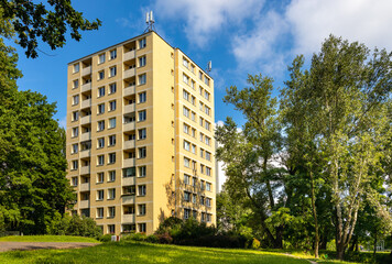 Large scale project residential tower at 1 Dworkowa street above Morskie Oko pond park in Mokotow district of Warsaw in Poland