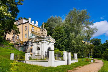 Historic villa house overlooking Promenada and Morskie Oko park at Belgijska street in Mokotow district of Warsaw in Poland - obrazy, fototapety, plakaty