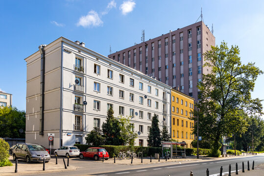 Panoramic view of Madalinskiego street tenement residential houses with Kazimierzowska Orange Polska data center in Mokotow district of Warsaw in Poland