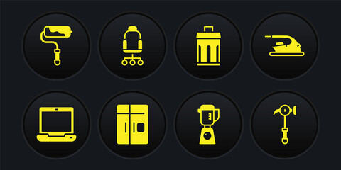 Set Laptop, Electric iron, Refrigerator, Blender, Trash can, Office chair, Hammer and Paint roller brush icon. Vector