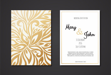 Fototapeta na wymiar Vintage wedding invitation templates. Cover design with gold leaves ornaments.
