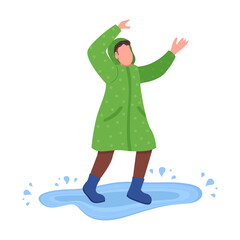 Happy teen jump in puddle semi flat color vector character. Raincoat figure. Full body person on white. Autumn activity isolated modern cartoon style illustration for graphic design and animation