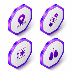 Set Isometric Location hospital, Smart watch with heart, Emergency - Star of Life and Lungs icon. Purple hexagon button. Vector