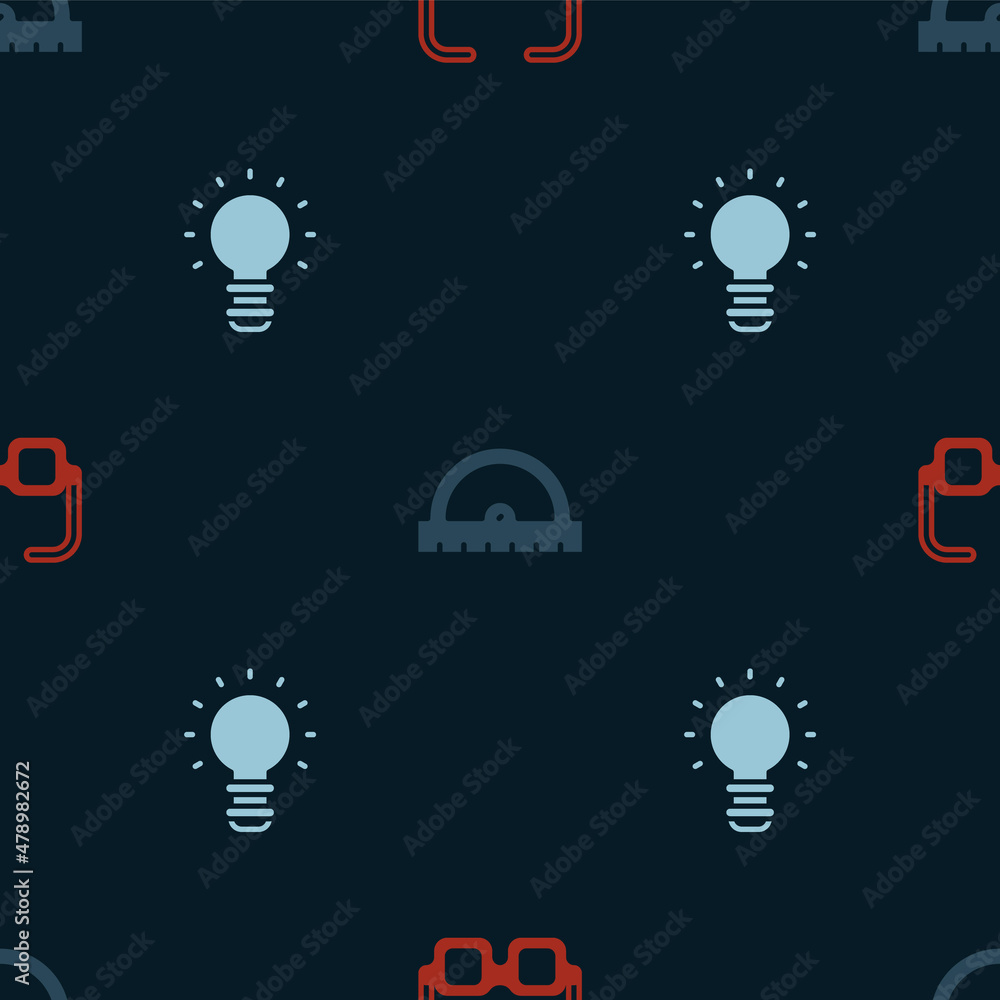 Poster set glasses, protractor grid and creative lamp light idea on seamless pattern. vector