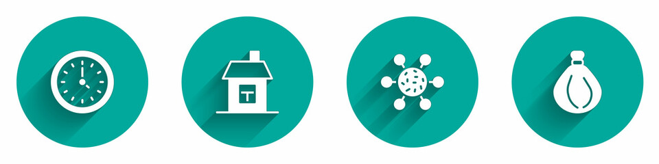 Set Clock, House, Bacteria and Garbage bag icon with long shadow. Vector