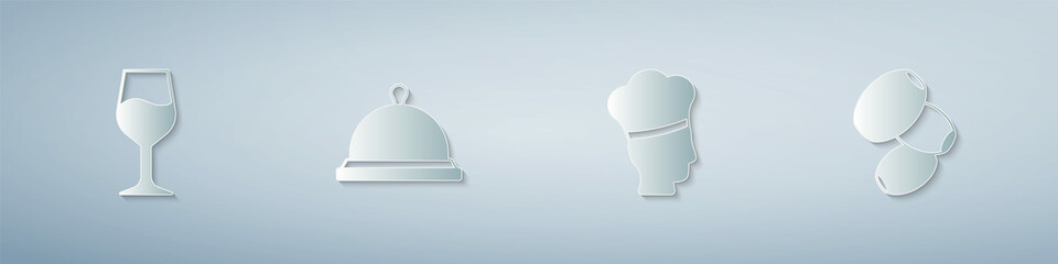 Set Wine glass, Covered with tray of food, Italian cook and Olives. Paper art style. Vector