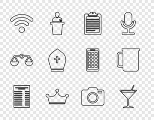 Set line Paper or financial check, Martini glass, Clipboard with document, Crown, Wi-Fi wireless network, Pope hat, Photo camera and Coffee cup icon. Vector