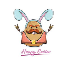 Vector rock star easter potato funny cartoon character with blue easter bunny ears isolated on white background. rock n roll easter party poster or happy easter greeting card