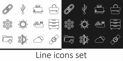 Naklejka premium Set line Wrist watch, Furniture nightstand, Toaster with toasts, Sun, Snowflake, Chain link, Cargo ship and USB icon. Vector