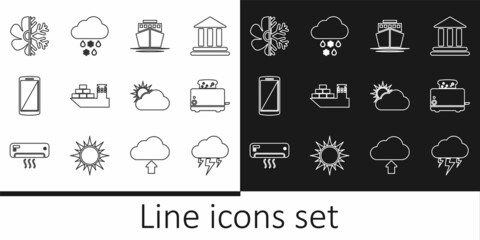 Set line Storm, Toaster with toasts, Ship, Cargo ship, Smartphone, mobile phone, Air conditioner, Sun and cloud weather and Cloud snow rain icon. Vector