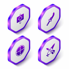 Set Isometric Target sport, Hunter knife, Sniper optical sight and Crossed bullet with arrow icon. Purple hexagon button. Vector