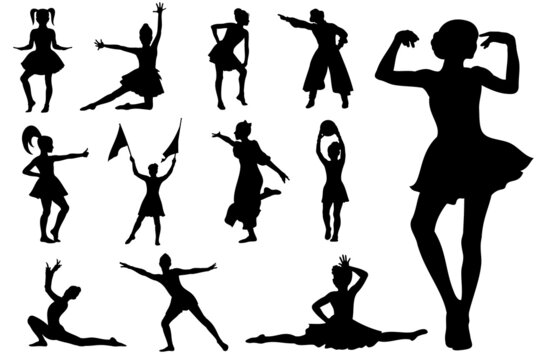 Silhouettes of young gymnasts and dancers in motion in different positions, set of vector silhouettes.
