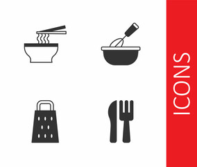 Set Crossed knife and fork, Asian noodles in bowl, Grater and Cooking whisk with icon. Vector