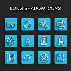 Set line Telephone, Plane, Cash back, Web camera, Piece of puzzle, Remote control, Scientist and test tube and Voice assistant icon. Vector