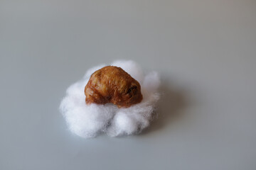 Fried donut lays on cotton wool like on cloud.