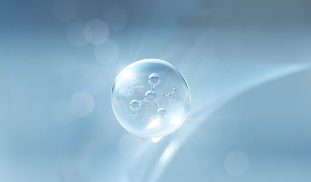 Cosmetic Essence, Liquid bubble, Molecule inside Liquid Bubble, 3d rendering