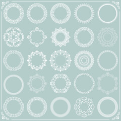 Vintage set of vector round elements. Different elements for design frames, cards, menus, backgrounds and monograms. Classic white patterns. Set of vintage patterns
