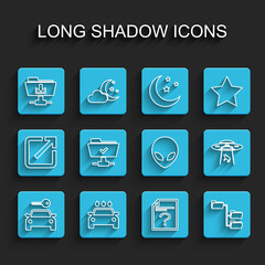 Set line Car rental, wash, FTP folder download, Unknown document, Folder tree, operation successful, UFO abducts cow and Alien icon. Vector