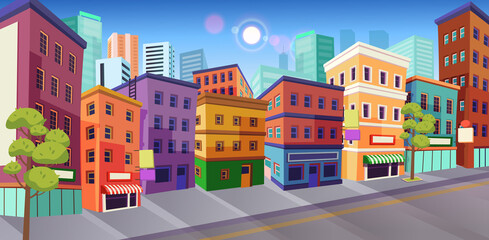 Panorama city building houses with shops and the road: boutique, cafe.Vector illustration in cartooon style.