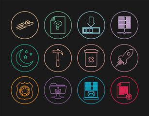 Set line Unknown document, Rocket ship with fire, Loading, Hammer, Moon and stars, UFO flying spaceship alien, Trash can and icon. Vector