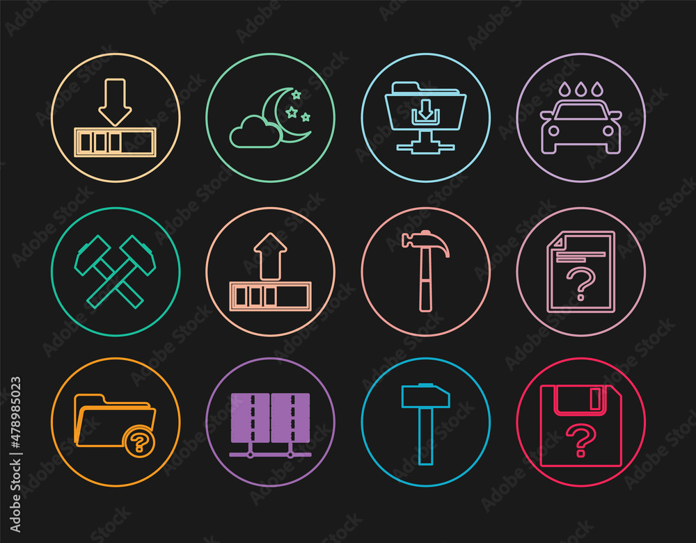 Poster set line unknown document, ftp folder download, loading, two crossed hammers, hammer and cloud with 