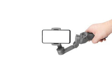 Stabilizer for a smartphone in hand on a white background. Gimbal and smartphone with white screen isolated on white background.