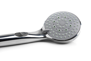 Shower head isolated on white background. Silver shower head close-up.