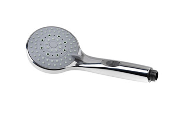 Shower head isolated on white background. Silver shower head close-up.