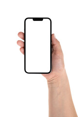 Smartphone in hand on a white background. Smartphone with blank white screen in hand.