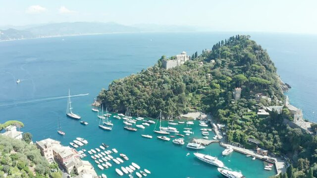 The famous tourist village of Portofino. Destination  vacation. Mediterranean Sea. Ligurian coast.  Aerial view.