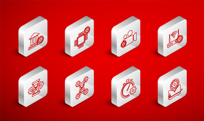 Set line Toaster setting, Processor, Video camera, Router and wi-fi, Time management, Bank building, Hourglass and icon. Vector