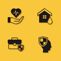 Set Life insurance in hand, with shield, Briefcase and House flood icon with long shadow. Vector