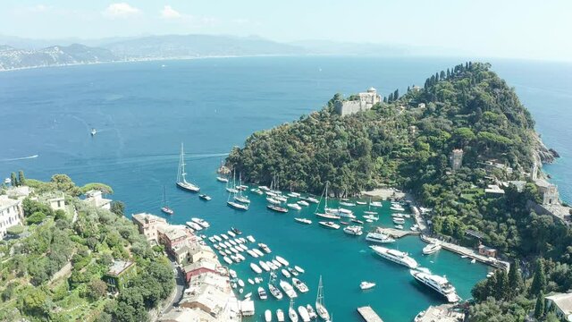 The famous tourist village of Portofino.  Sea. Ligurian coast. Destination vacation. Aerial view.