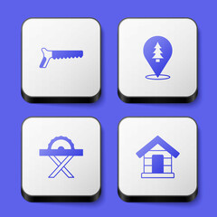 Set Hand saw, Location of the forest, Electric circular and Dog house icon. White square button. Vector