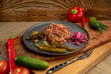 minced smoked meat with pickled cucumbers and cabbage