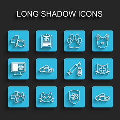 Set line Veterinary clinic, Cat, Animal health insurance, and pills, Dog, and Syringe with pet vaccine icon. Vector