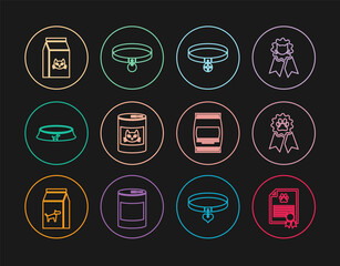 Set line Certificate for dog or cat, Pet award symbol, Collar with name tag, Canned food, bowl, Bag of, and icon. Vector